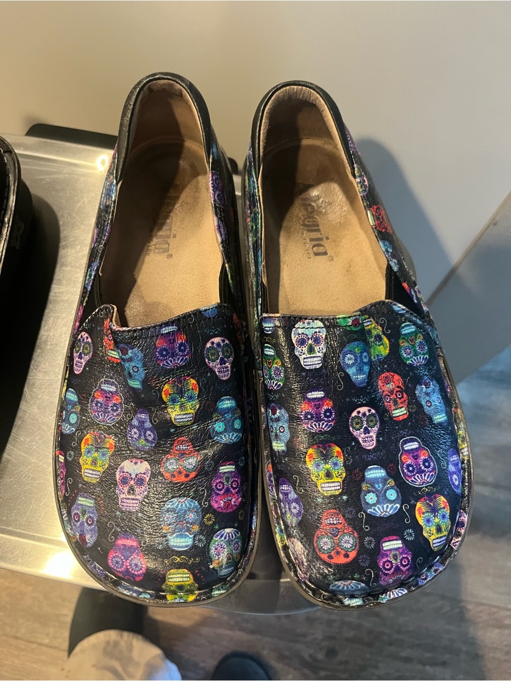 Alegria Black Slip-On Mules with Multicolor Sugar Skull Print